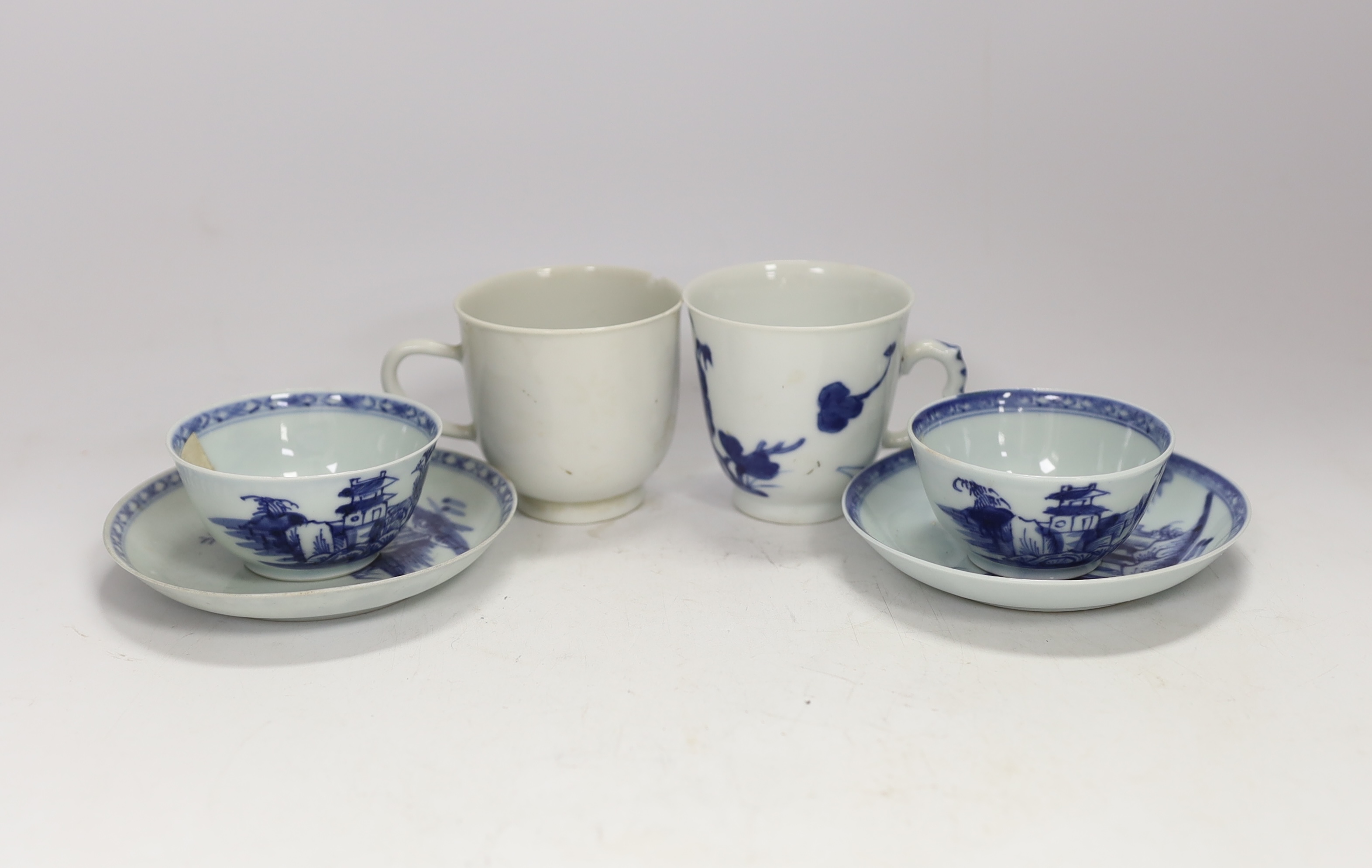 Two pairs of Chinese blue and white Nanking Cargo teabowls and saucers together with two other Chinese tea cups